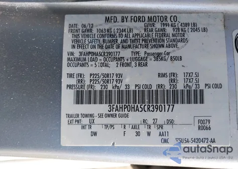 2012 Ford Fusion Se from USA, damaged, VIN 3FAHP0HA5CR390177